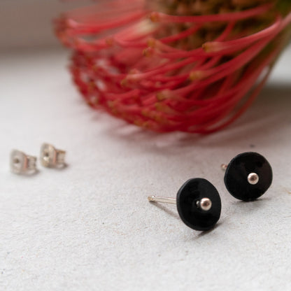 black circle dot ear studs with silver dot mezereem jewelry